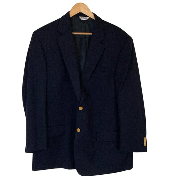Joseph &‎ Feiss Mens Navy Wool 2 Button Navy Gold Button Blazer Size 45R Classic